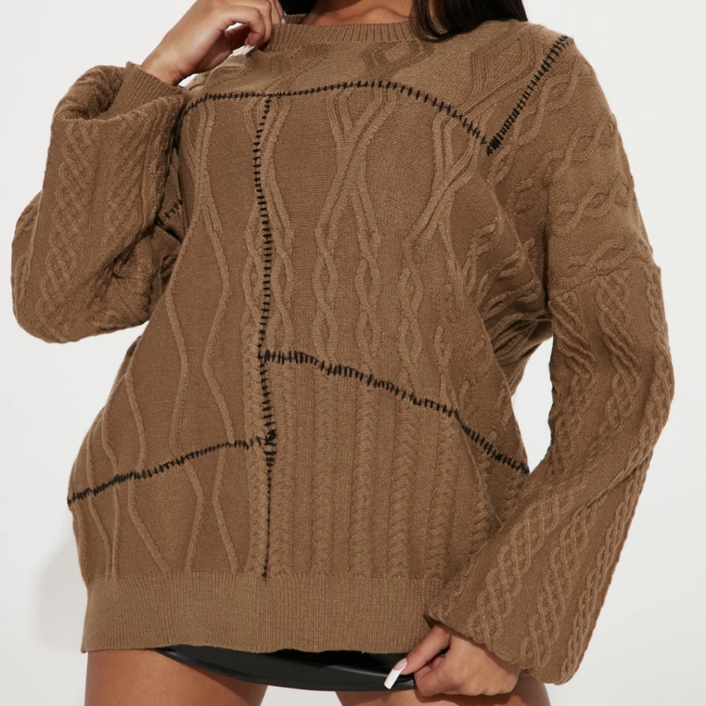 Fashion Nova Brown Stitched Oversized Patchwork sweater, Large, NWT